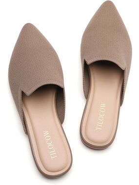 🆕 Women Brown Pointed Toe Flat Mules Knit Mesh Slip On Loafers Backless Shoes